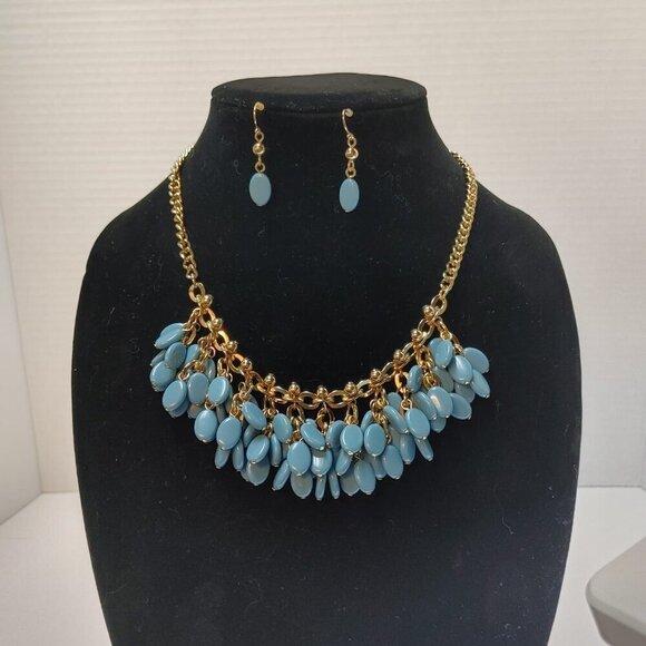 GoldTone Round Chain Teal Blue Teardrop Bib Statement Necklace | Earrings - 18” - Picture 2 of 5
